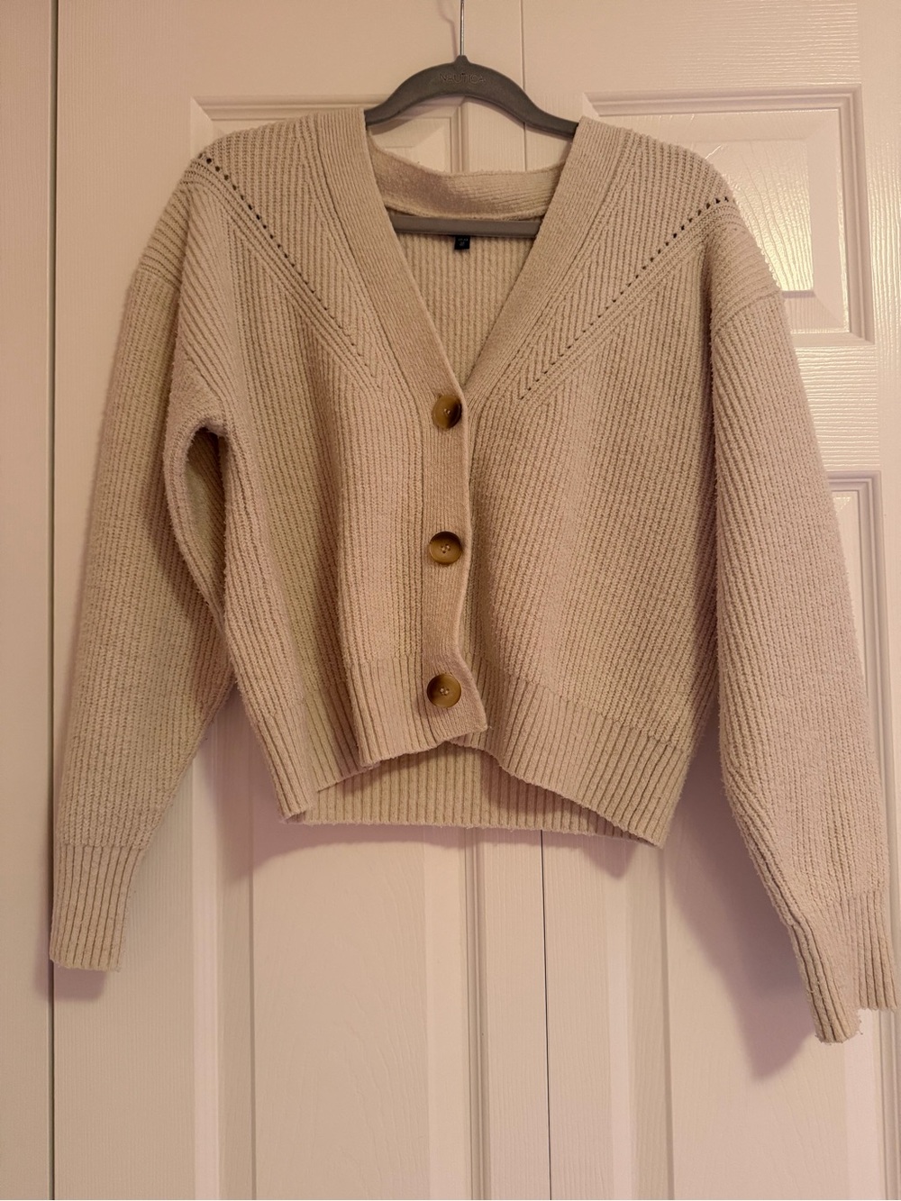 Dynamite Cream V-Neck Ribbed Button Cardigan